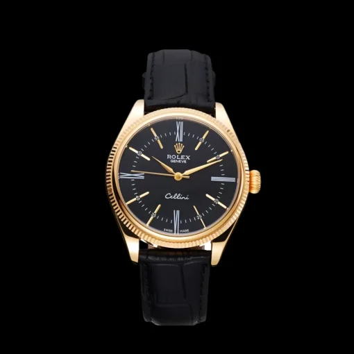 Rolex Cellini Black Dial Gold Case Black Leather Strap 622832