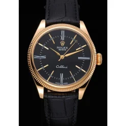 Rolex Cellini Black Dial Gold Case Black Leather Strap 622832