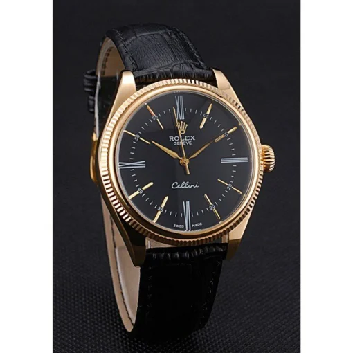 Rolex Cellini Black Dial Gold Case Black Leather Strap 622832