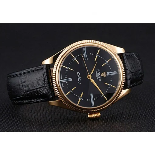 Rolex Cellini Black Dial Gold Case Black Leather Strap 622832