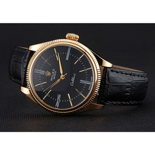 Rolex Cellini Black Dial Gold Case Black Leather Strap 622832