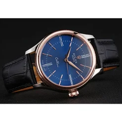 Rolex Cellini Blue Dial Gold Bezel Stainless Steel Case Black Leather Strap 622841