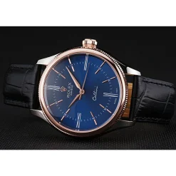 Rolex Cellini Blue Dial Gold Bezel Stainless Steel Case Black Leather Strap 622841