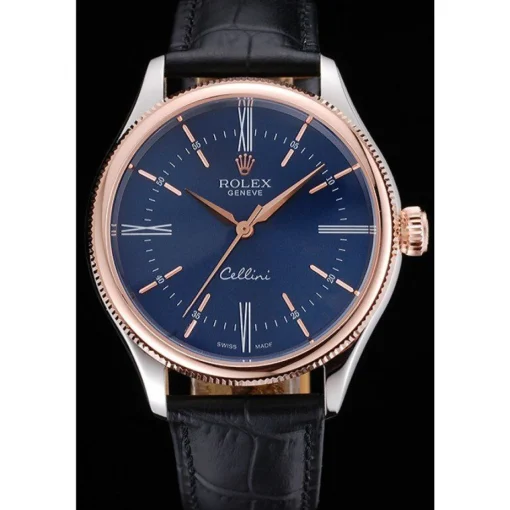 Rolex Cellini Blue Dial Gold Bezel Stainless Steel Case Black Leather Strap 622841