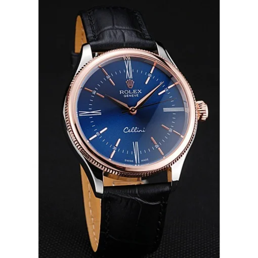 Rolex Cellini Blue Dial Gold Bezel Stainless Steel Case Black Leather Strap 622841