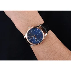 Rolex Cellini Blue Dial Gold Bezel Stainless Steel Case Black Leather Strap 622841