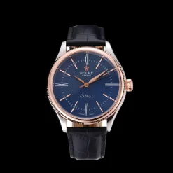 Rolex Cellini Blue Dial Gold Bezel Stainless Steel Case Black Leather Strap 622841