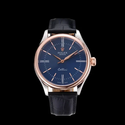 Rolex Cellini Blue Dial Gold Bezel Stainless Steel Case Black Leather Strap 622841