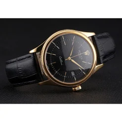 Rolex Cellini Date Black Dial Gold Case Black Leather Strap