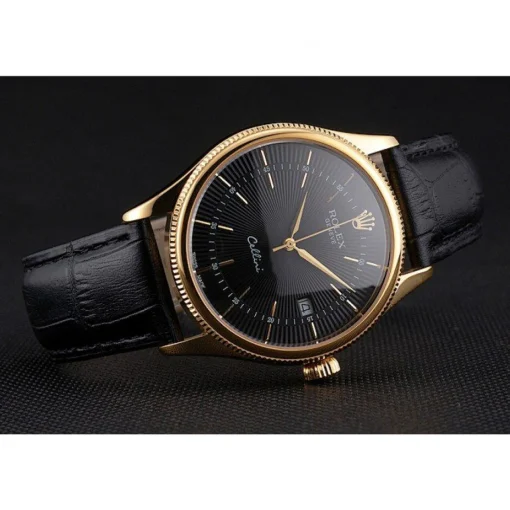 Rolex Cellini Date Black Dial Gold Case Black Leather Strap