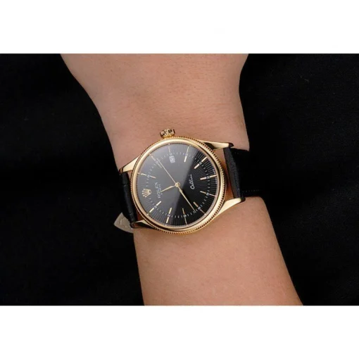 Rolex Cellini Date Black Dial Gold Case Black Leather Strap