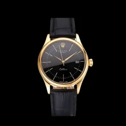 Rolex Cellini Date Black Dial Gold Case Black Leather Strap