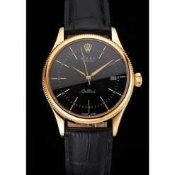 Rolex Cellini Date Black Dial Gold Case Black Leather Strap