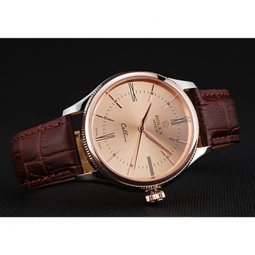 Rolex Cellini Gold Dial And Bezel Stainless Steel Case Brown Leather Strap 622840