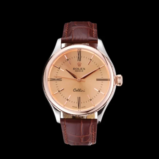 Rolex Cellini Gold Dial And Bezel Stainless Steel Case Brown Leather Strap 622840