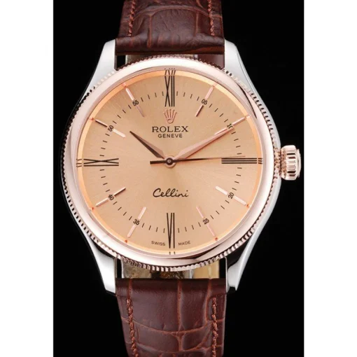 Rolex Cellini Gold Dial And Bezel Stainless Steel Case Brown Leather Strap 622840