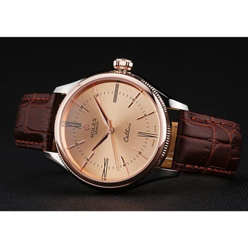 Rolex Cellini Gold Dial And Bezel Stainless Steel Case Brown Leather Strap 622840