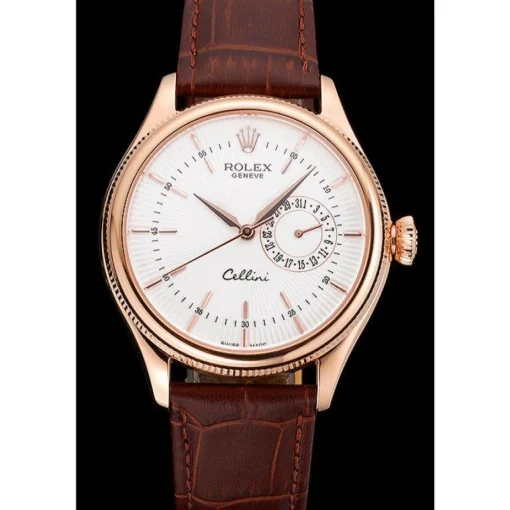 Rolex Cellini White Rose Dial Gold Case Brown Leather Bracelet 622725