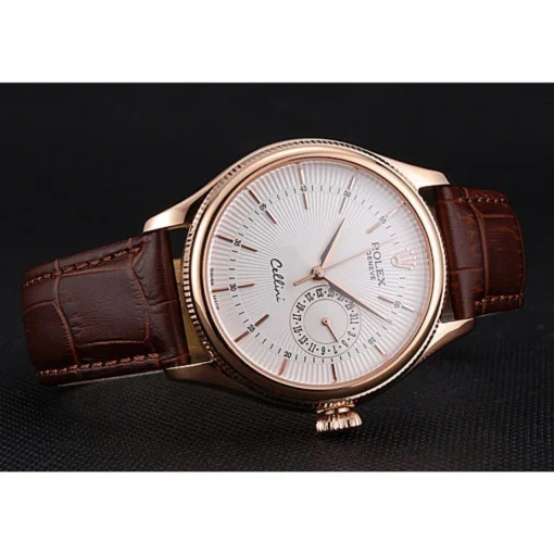 Rolex Cellini White Rose Dial Gold Case Brown Leather Bracelet 622725