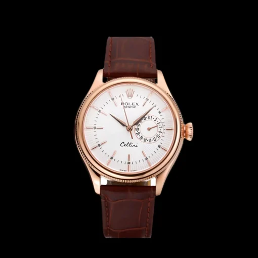 Rolex Cellini White Rose Dial Gold Case Brown Leather Bracelet 622725