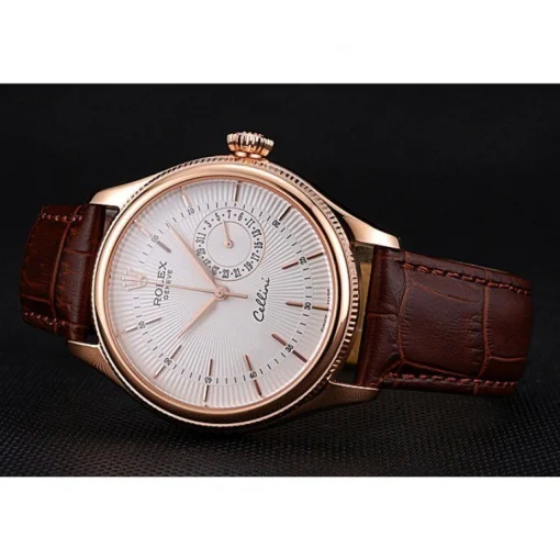 Rolex Cellini White Rose Dial Gold Case Brown Leather Bracelet 622725