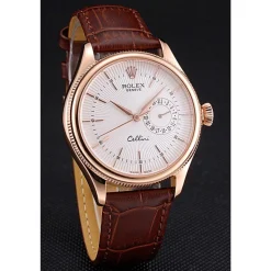 Rolex Cellini White Rose Dial Gold Case Brown Leather Bracelet 622725