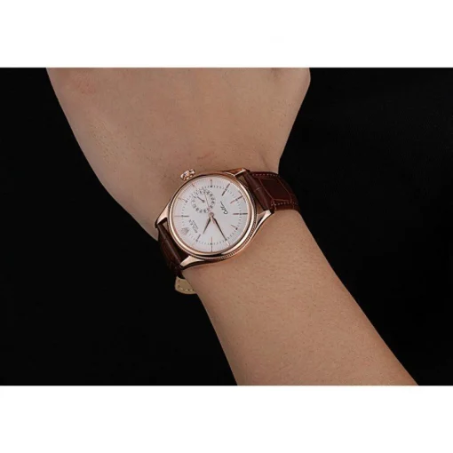 Rolex Cellini White Rose Dial Gold Case Brown Leather Bracelet 622725