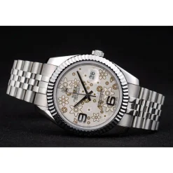 Rolex DateJust Stainless Steel Ribbed Bezel Flower Silver Dial 41983