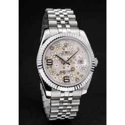 Rolex DateJust Stainless Steel Ribbed Bezel Flower Silver Dial 41983