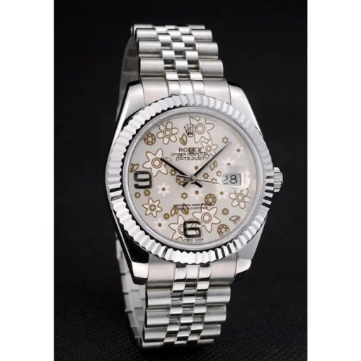Rolex DateJust Stainless Steel Ribbed Bezel Flower Silver Dial 41983