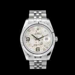 Rolex DateJust Stainless Steel Ribbed Bezel Flower Silver Dial 41983