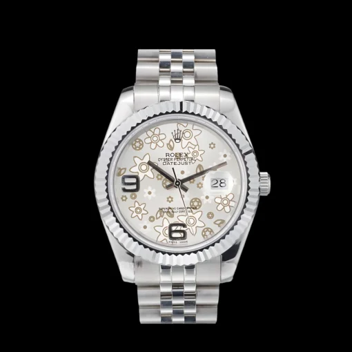 Rolex DateJust Stainless Steel Ribbed Bezel Flower Silver Dial 41983