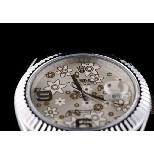 Rolex DateJust Stainless Steel Ribbed Bezel Flower Silver Dial 41983