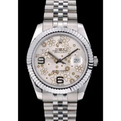 Rolex DateJust Stainless Steel Ribbed Bezel Flower Silver Dial 41983