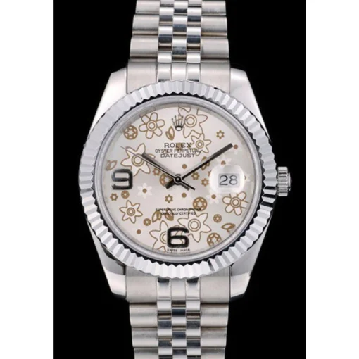 Rolex DateJust Stainless Steel Ribbed Bezel Flower Silver Dial 41983
