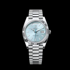 Rolex Day-Date: 40 mm, platinum, ice-blue dial, fluted bezel, President bracelet, m228236-0018