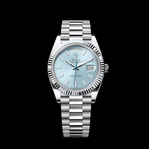 Rolex Day-Date: 40 mm, platinum, ice-blue dial, fluted bezel, President bracelet, m228236-0018