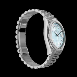 Rolex Day-Date: 36mm platinum, ice-blue, diamond-set dial, diamond-set bezel and a President bracelet, m128396tbr-0003
