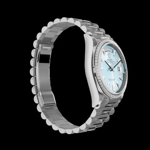 Rolex Day-Date: 36mm platinum, ice-blue, diamond-set dial, diamond-set bezel and a President bracelet, m128396tbr-0003