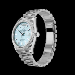 Rolex Day-Date: 36mm platinum, ice-blue, diamond-set dial, diamond-set bezel and a President bracelet, m128396tbr-0003