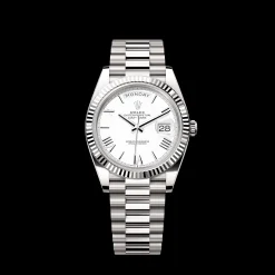 Rolex Day-Date: 40mm, White gold, white dial, fluted bezel, President bracelet, m228239-0046