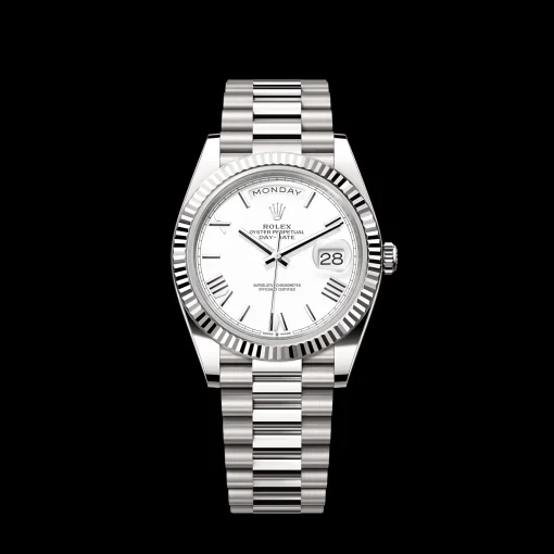 Rolex Day-Date: 40mm, White gold, white dial, fluted bezel, President bracelet, m228239-0046