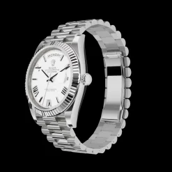 Rolex Day-Date: 40mm, White gold, white dial, fluted bezel, President bracelet, m228239-0046