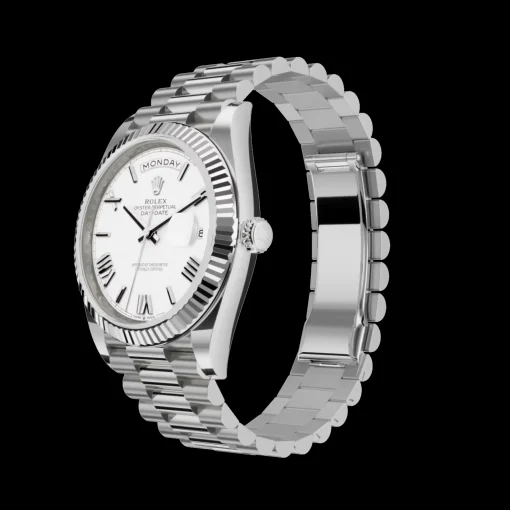 Rolex Day-Date: 40mm, White gold, white dial, fluted bezel, President bracelet, m228239-0046
