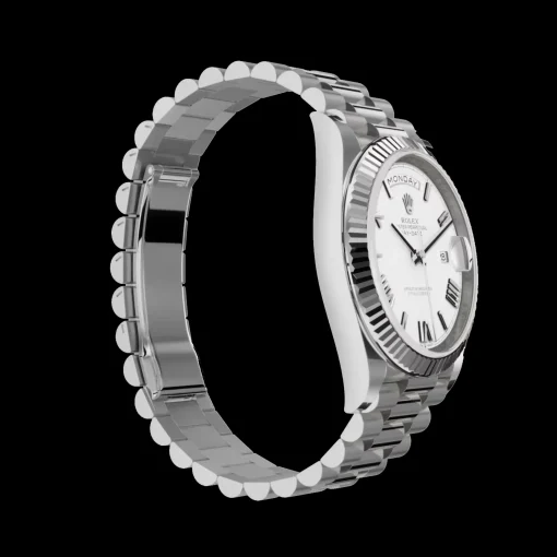 Rolex Day-Date: 40mm, White gold, white dial, fluted bezel, President bracelet, m228239-0046