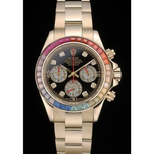 Rolex Daytona Cosmograph Rainbow Crystals Bezel Rose Gold Strap Black Dial 80251