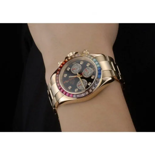 Rolex Daytona Cosmograph Rainbow Crystals Bezel Rose Gold Strap Black Dial 80251