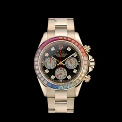 Rolex Daytona Cosmograph Rainbow Crystals Bezel Rose Gold Strap Black Dial 80251