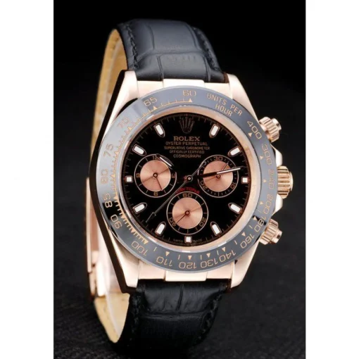 Rolex Daytona Rose Gold Case Black Dial Black Leather Strap