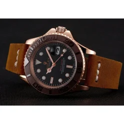 Rolex Yacht-Master Black Dial Brown Bezel Rose Gold Case Brown Leather Bracelet 1453860